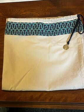 Tory Burch Cream Canvas Dust Bag with Teal & Navy Trim and Gold Logo Charm